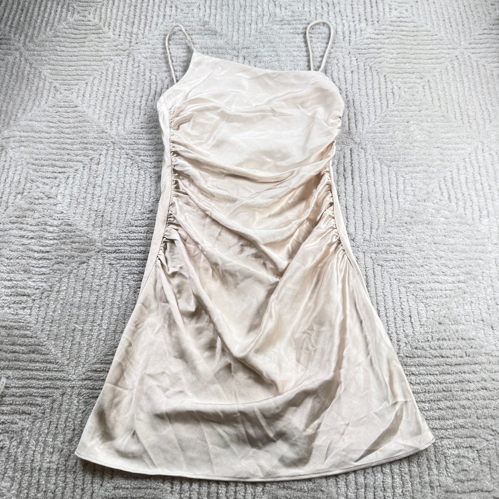 Line & Dot Ruched Satin Mini Dress Women's XS Champagne NWT cocktail Party Date